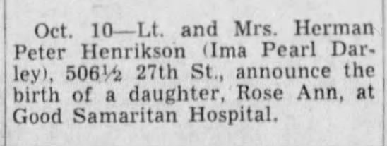 Rose Ann Henrikson... birth announcement in Florida paper