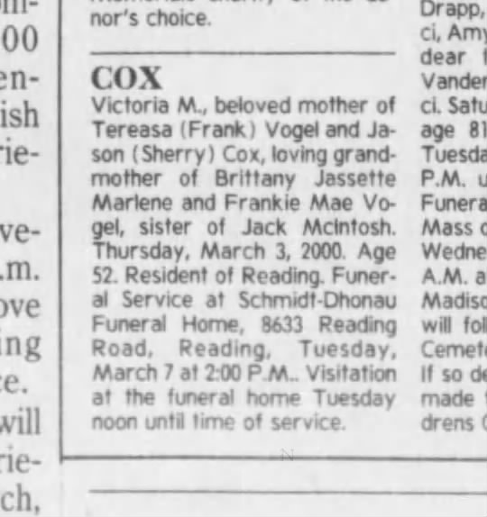Victoria M Cox  obit March 6 2000