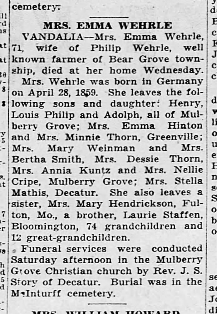Emma May Staffen Wehrle obit 12 May 1930 Mulberry Grove