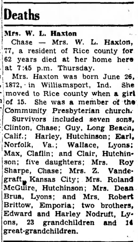 Elizabeth (Nodurft) Haxton Obituary (28 Oct 1949)