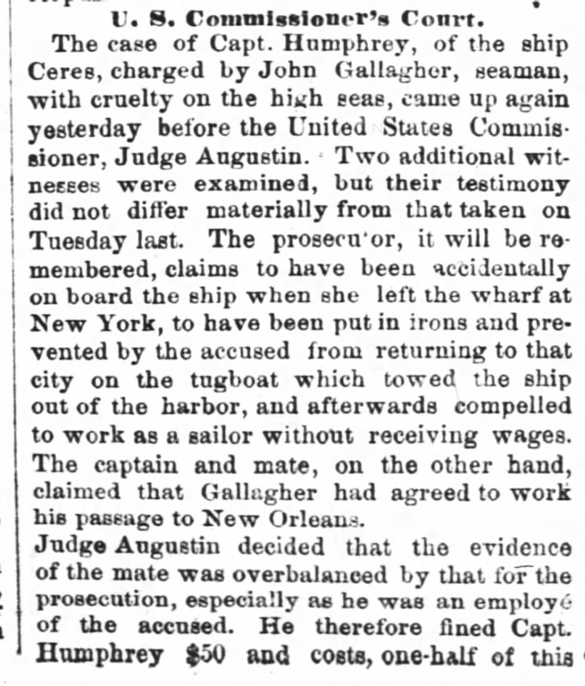 Capt. James J Humphrey fined in court Times Picayune 26Oct1866