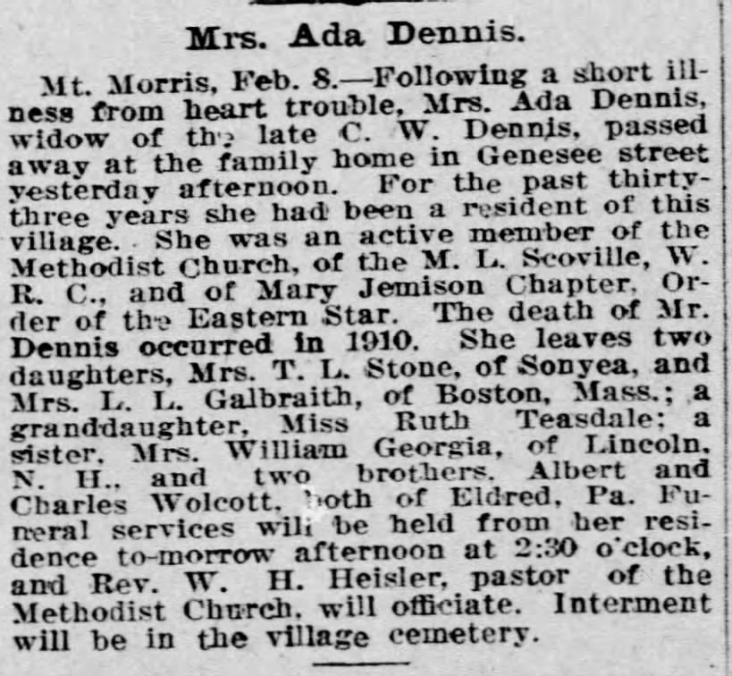 Ada Wolcott Dennis obituary (might not be related)