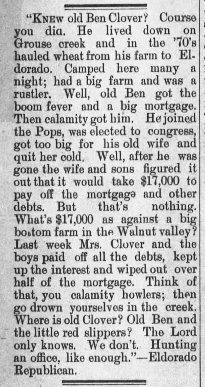 1897-Oct-16 Ben Clover - first wife and sons pay off mortgage he left them with