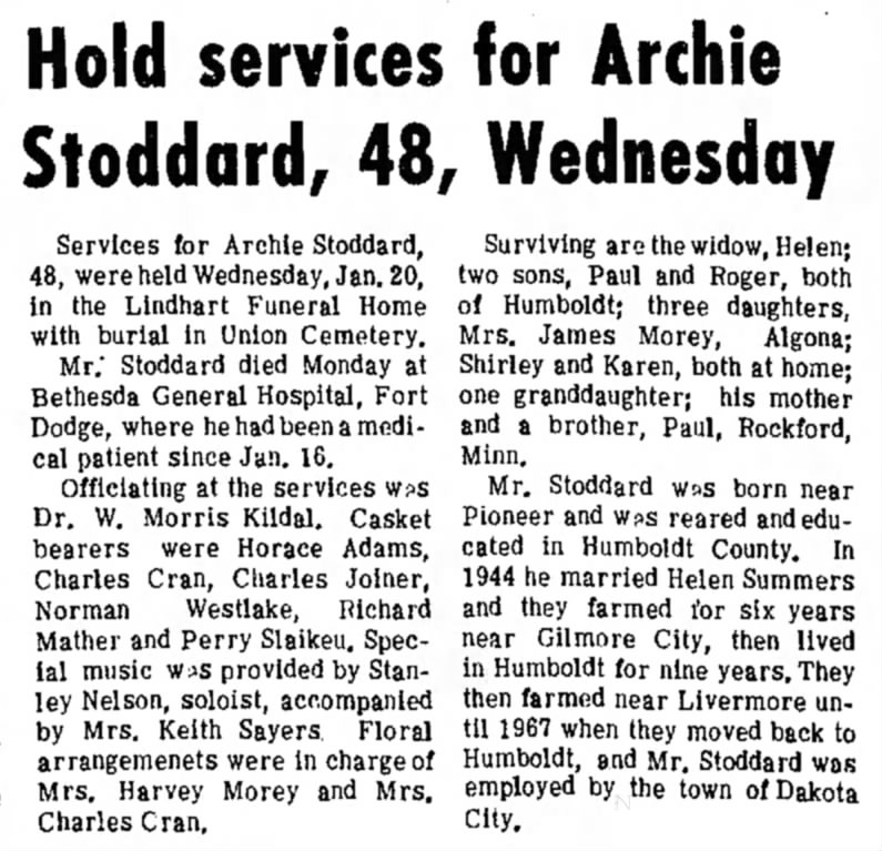 Funeral service announcement for Archie Stoddard, husband of Helen Claudine Summers
