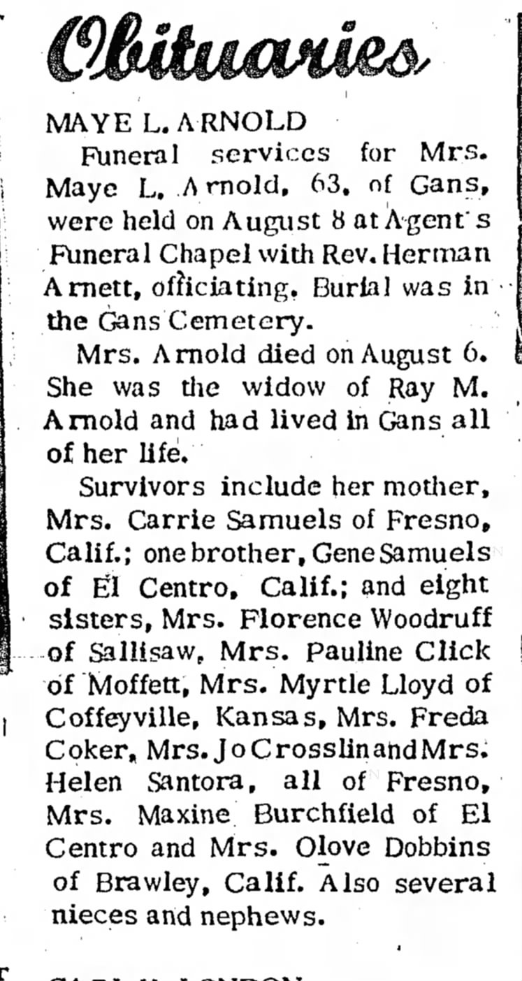 George Samuels daughter May's Obituary