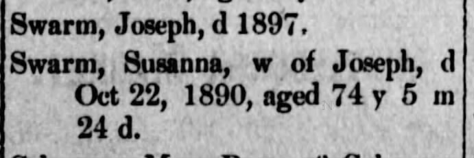 Susanna (Reish) Swarm & Joseph Swarm deaths listed in retro column