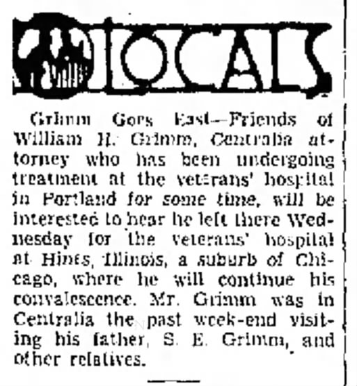 William Henry Grimm transferred to Veterans Hospital in Illinois