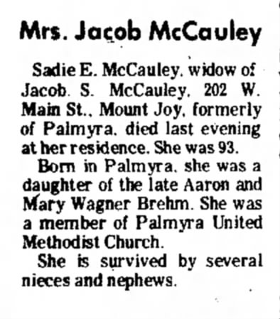 Mrs. Jacob McCauley death notice