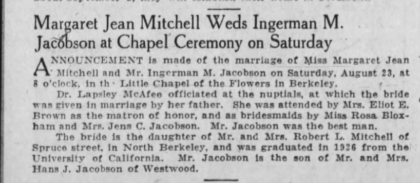 Margaret Jean Mitchell Weds Ingerman M Jacobsen at Chapel Ceremony