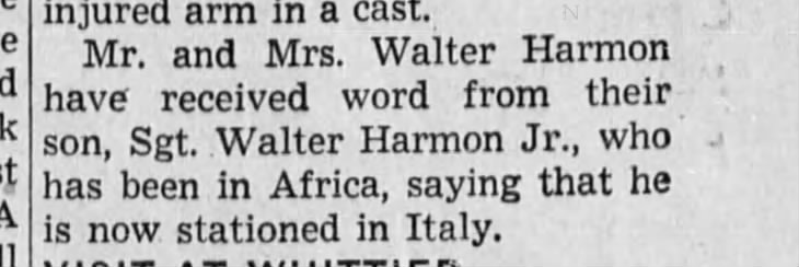 Mr. & Mrs. Walter Harmon, son Sgt. Walter Harmon Jr. out of Africa and in Italy.