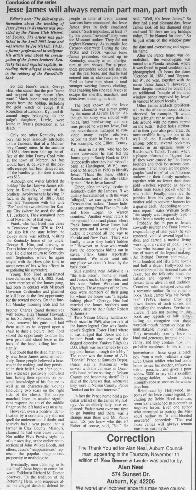 Article about Jesse James; mentions Elliott County  Nov. 1993
