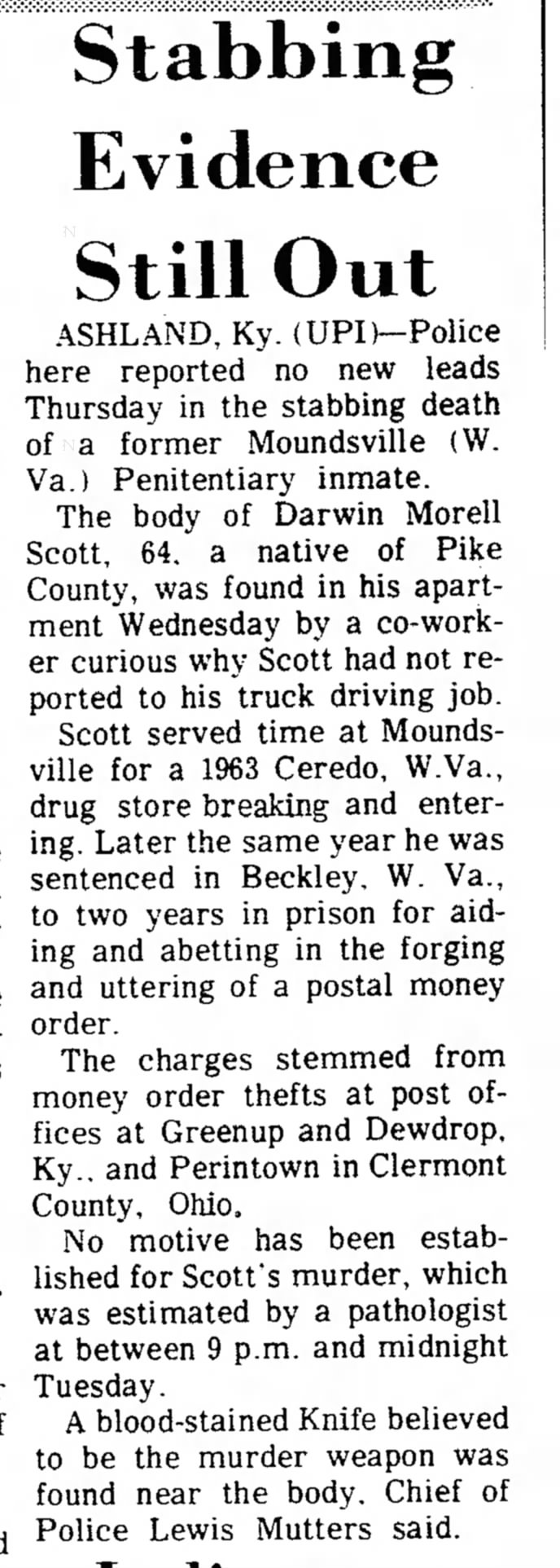 Death of Darwin Morell Scott, 64, who stole money orders from Dewdrop post office.  1969