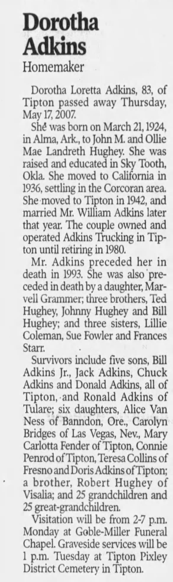 Dorotha Adkins, age 83, obituary. 2007.
