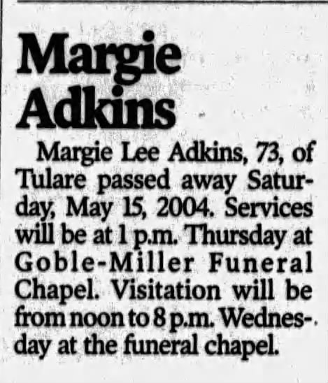 Margie Lee Adkins, age 73, obituary. 2004.