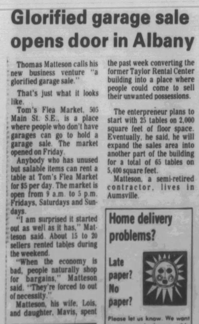 Albany Democrat (Albany, Oregon) 01 Jan 1983, Sat Page 3. Tom's Flea Market.