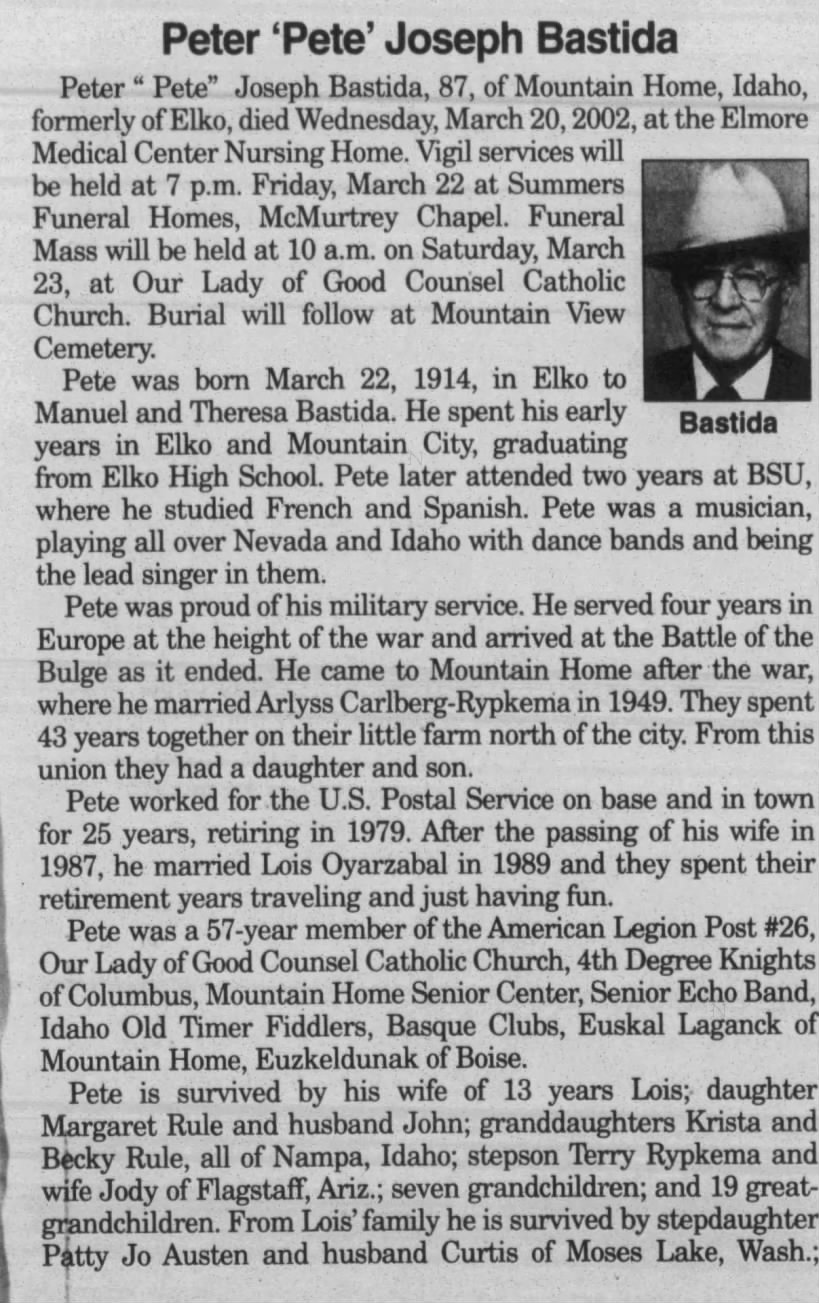 Obituary for Peter Bastida, 1914-2002 (Aged 87)