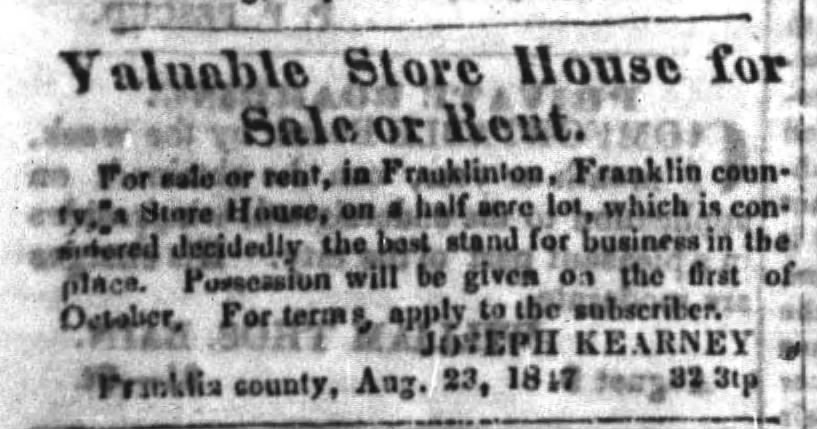 Joseph Kearney selling a store house in Franklinton.