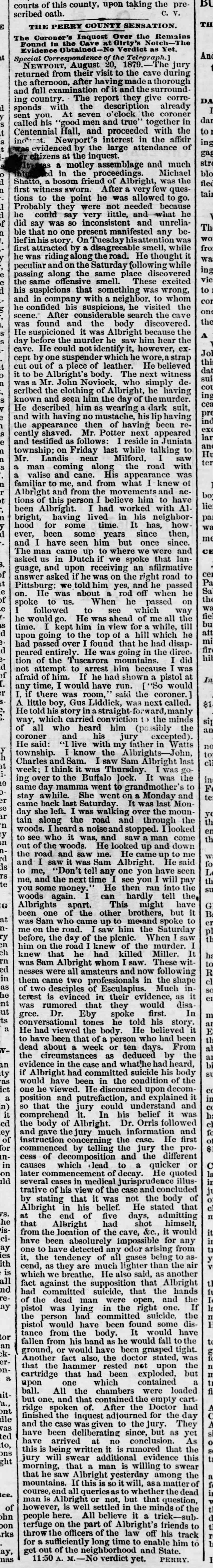 Perry County Sensation


    Harrisburg Telegraph (Harrisburg, Pennsylvania)
    20 August 1879
    