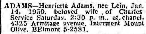 1959 Henrietta Adams [Lein] Obituary