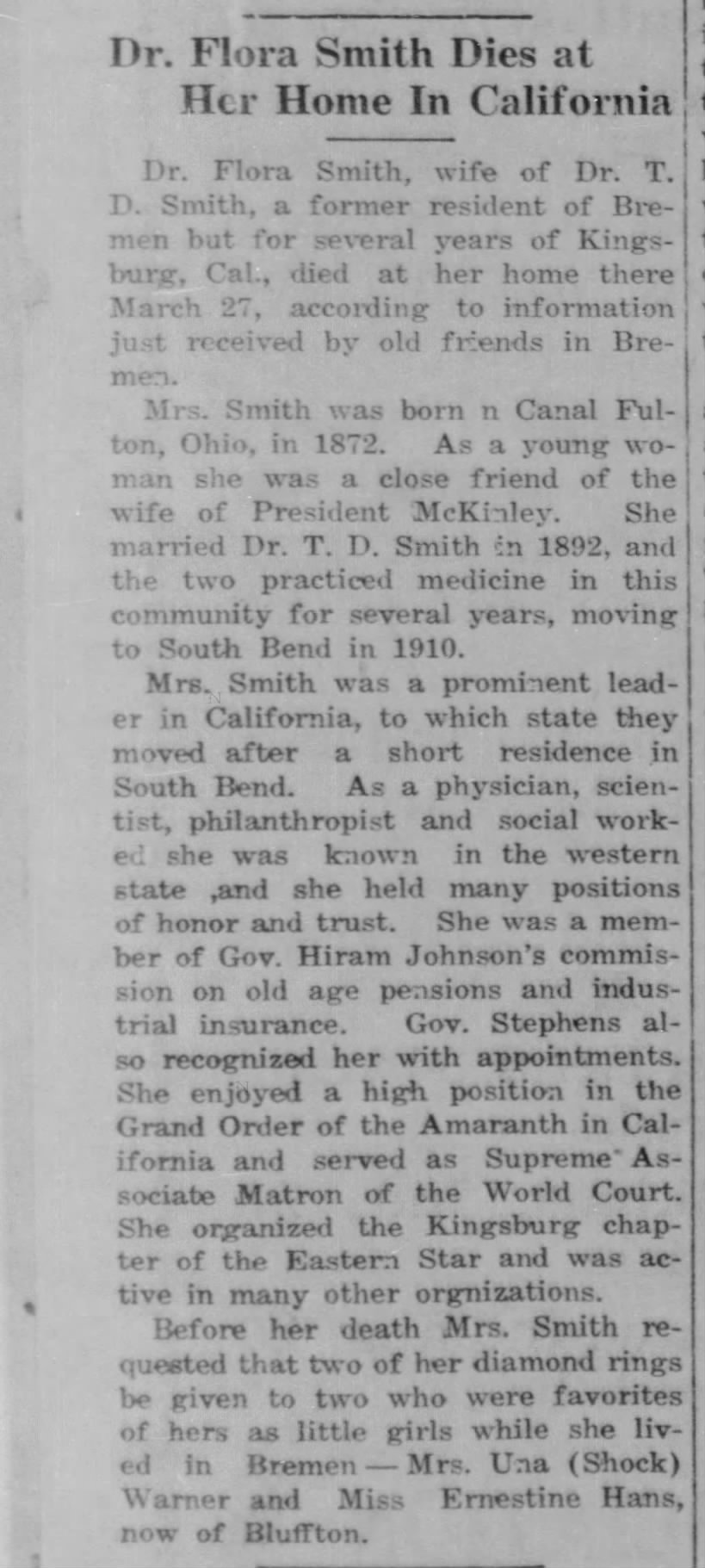 Dr Flora Smith death 4-23-1925