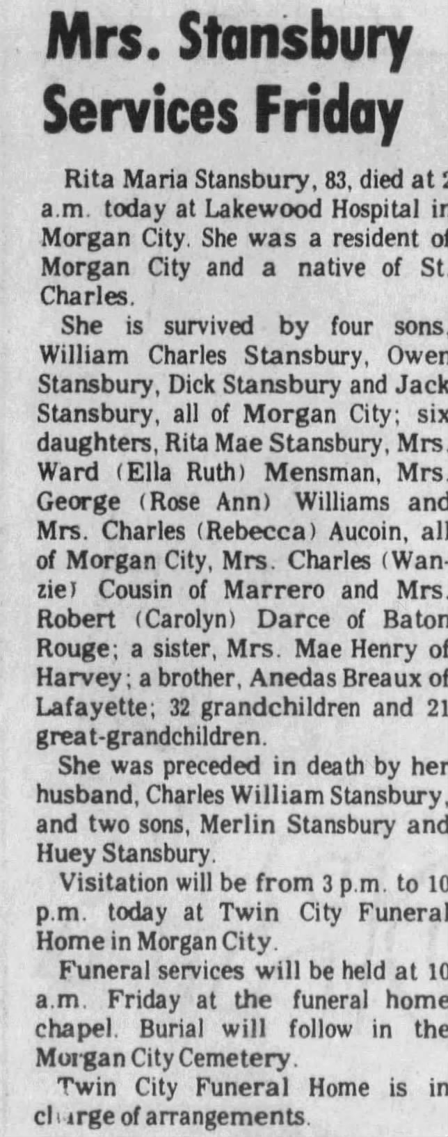 Obituary for Rita Breaux Stansbury,
Daily Review, Morgan City, 1984.