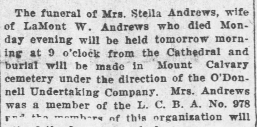 Stella Sullivan-Andrews Funeral Notice
Leavenworth Times, 2-18-1920