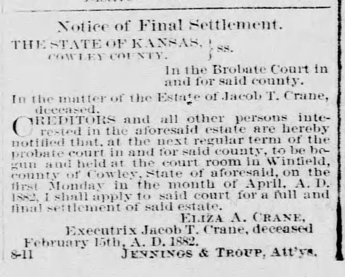 Estate Probate Jacob T Crane March 1882