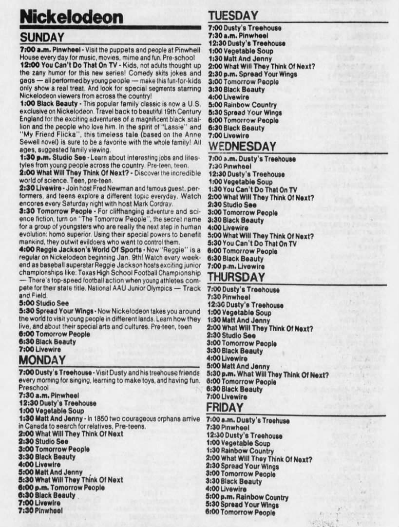 1982 Nickelodeon Schedule