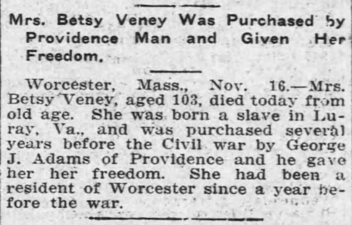 Mrs. Betsy Veney Was Purchased by Providence Man and Given Her Freedom