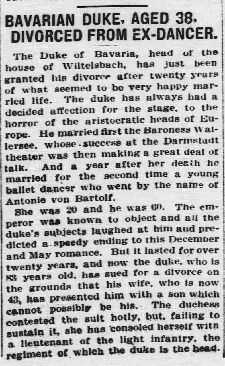 Bavarian Duke, Age 38 [sic 83], Divorced from Ex-Dancer