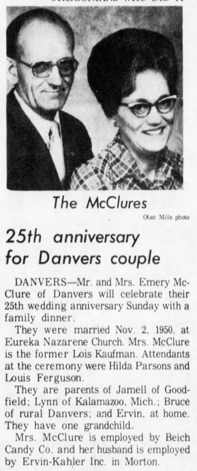 Emery and Lois McClure 25th wedding anniversary