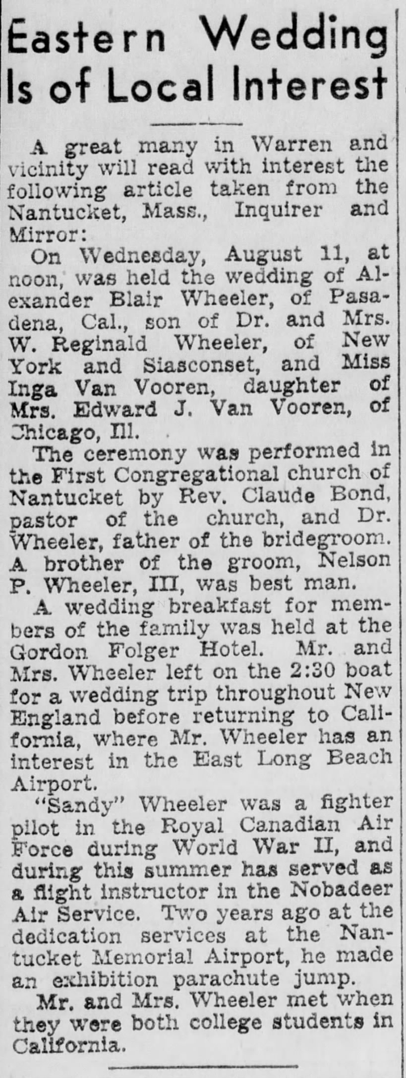 Alexander Blair Wheeler & Inga Van Vooren Wedding Announcement 1948