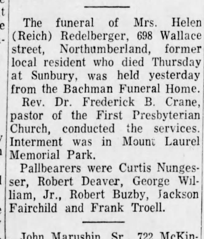 Helen Reich Redelberger burial