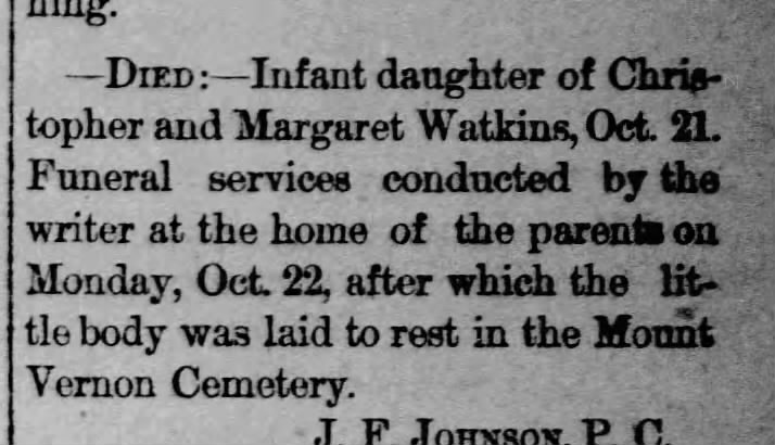 Infant daughter of Christopher & Margaret Watkins died