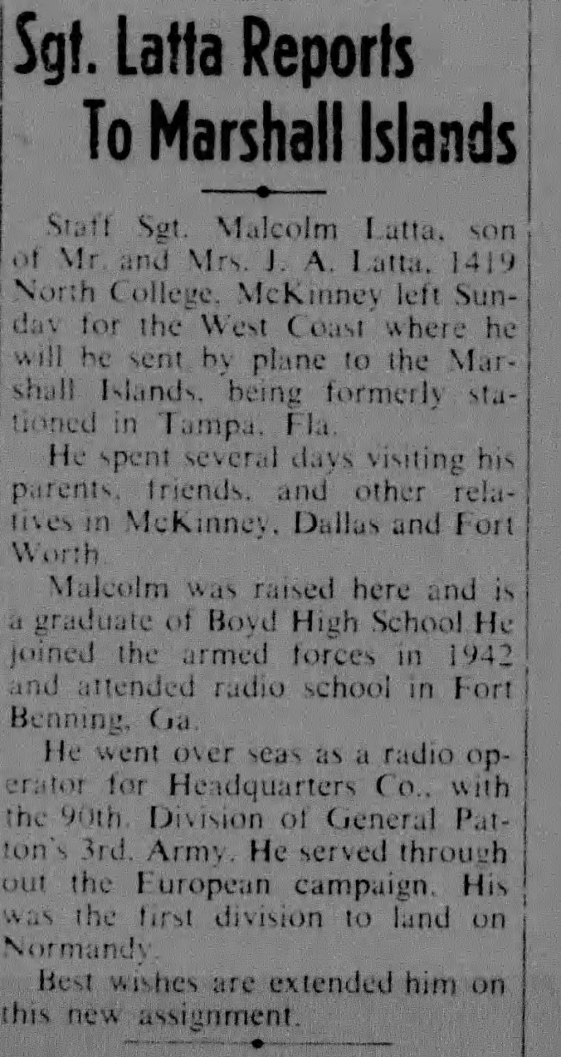 Malcolm O Latta sent to Marshall Islands