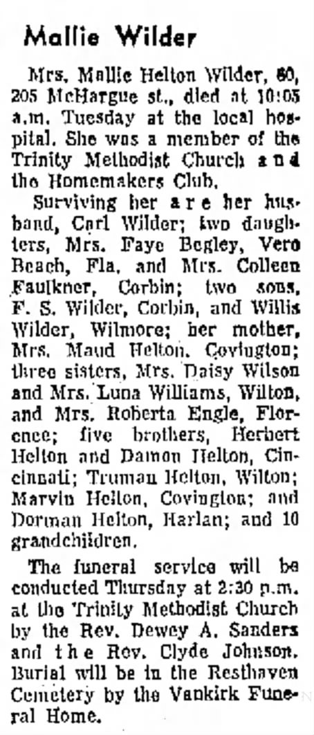 Mallie [Helton] Wilder
Cobin Times Aug. 19, 1969