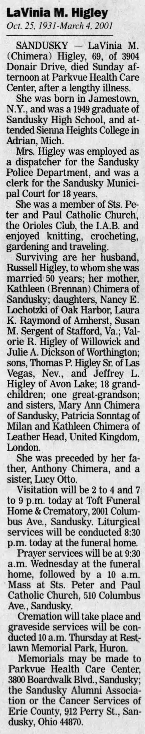 LaVinia Marie Chimera Higley, obituary, 6 Mar 2001, News Herald, Port Clinton, OH
