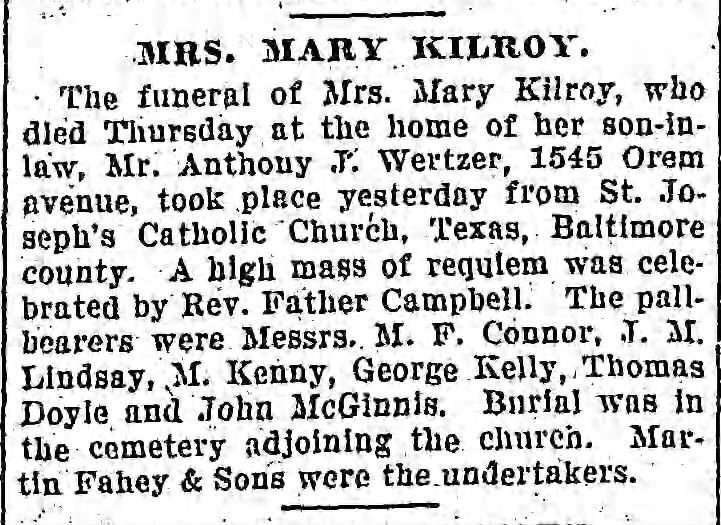 Mary Kilroy funeral died 7 Feb 1907