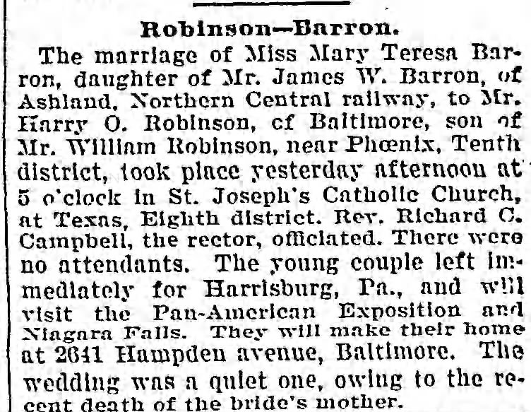 Robinson - Barron wedding 16 Oct 1901