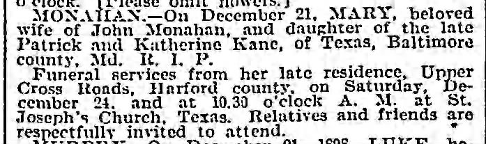 Mary Kane Monahan died 21 Dec 1898