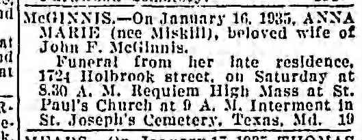 Anna Marie Miskill McGinnis died 16 Jan 1935