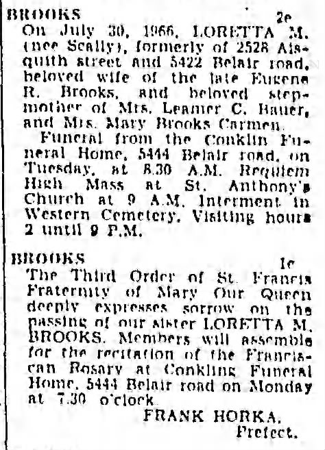 Loretta M Scally Brooks died 30 Jul 1966