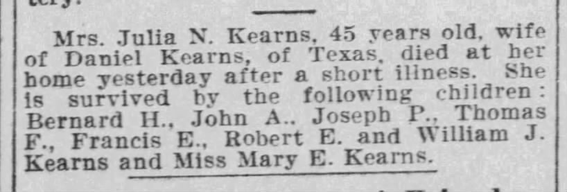 Julia N Kearns died 11Jul1912 age 45