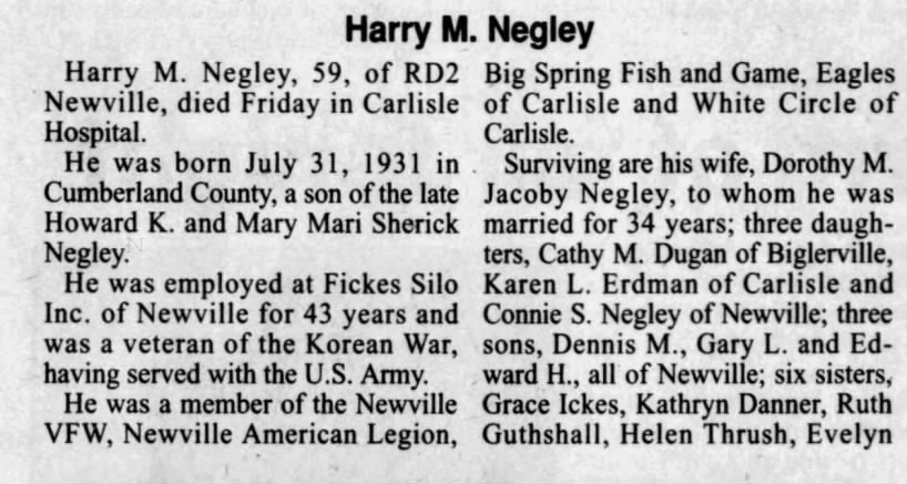 Obituary for Harry M. Negley (Aged 59)