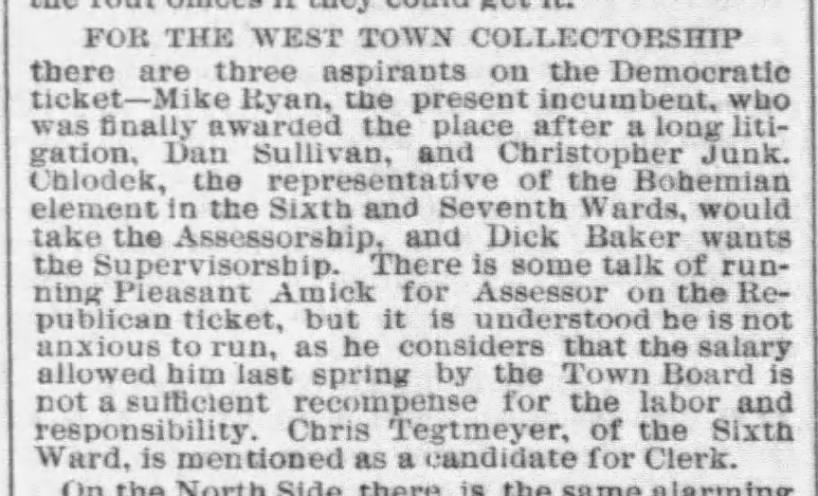 Chris Tegtmeyer for Clerk, 6th Ward,   Mar 12, 1882