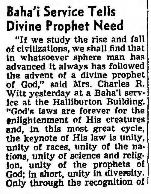 brief review of talk by Baha'i Mrs. Charles Witt (i)