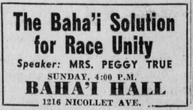 Baha'i advert for talk by Peggy True, race unity
