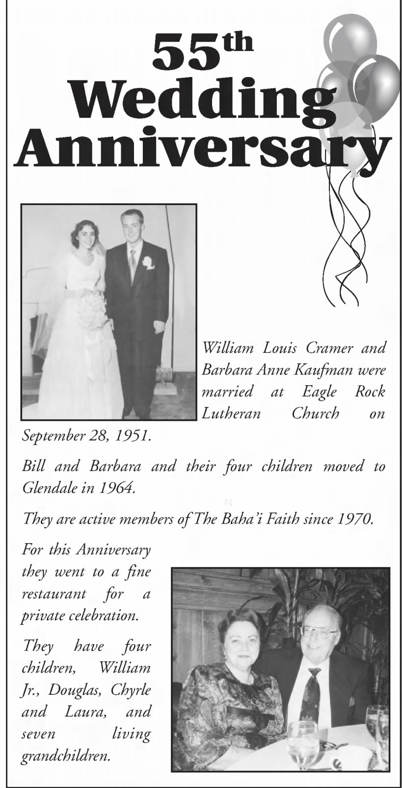 advert for 55th anniversary of Baha'is William Cramer and Barbara Kaufman Cramer