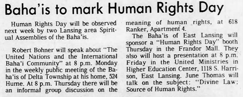 Baha'is hold Human Rights Day; Robert Bohner, June Thomas
