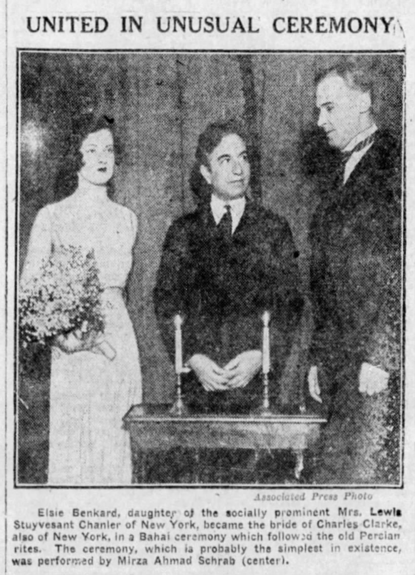 Baha'i wedding with Elsie Benkard, Charles Clarke; Ahmad Sohrab